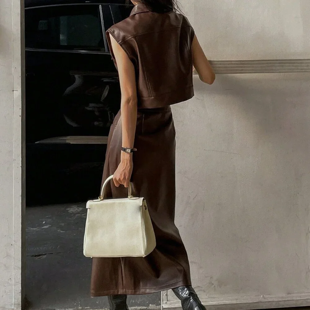 Brown Womens faux leather Sleeveless Jacket Vest & Split Hem Straigt skirt